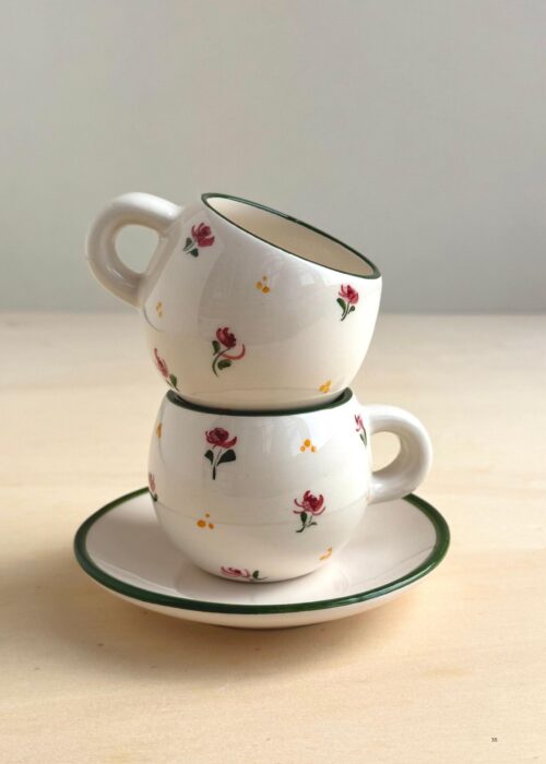 Dalia Floral Espresso Cup, a handpainted artisan demitasse with romantic floral design, made in Portugal.
