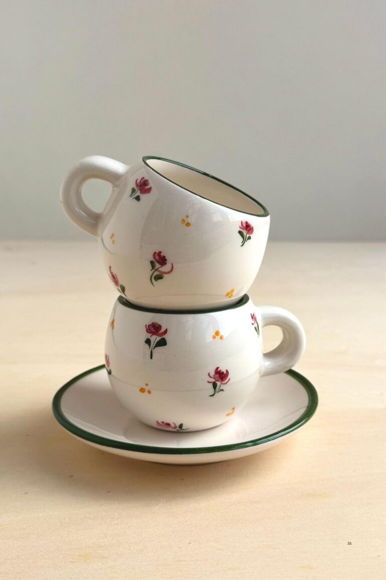 Dalia Floral Espresso Cup, a handpainted artisan demitasse with romantic floral design, made in Portugal.