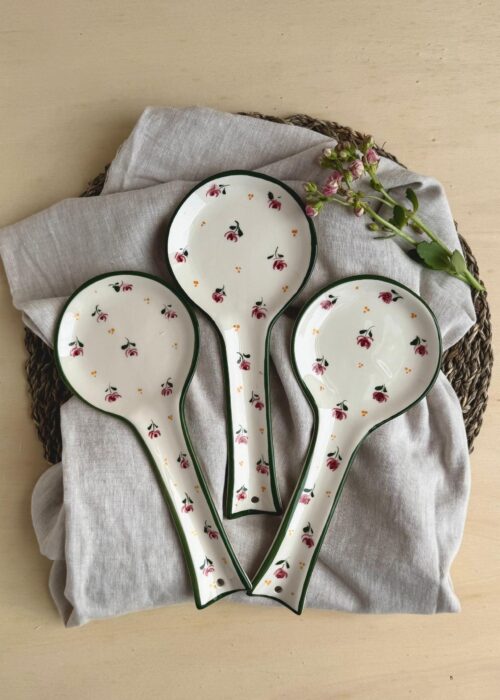 Dalia Floral Spoon rest, handpainted in Portugal with pink and green floral design, perfect as a kitchen accessory and decorative piece.