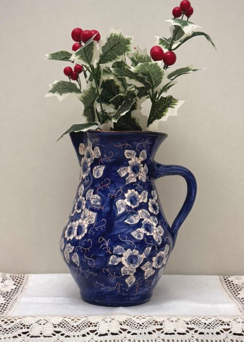 Azul Clay Jug – hand-painted Portuguese ceramic vase in deep blue with delicate white flowers, perfect as a vase, jug, or decorative home accent.